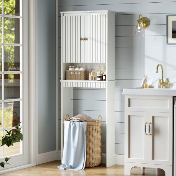 Over The Toilet Storage Cabinet, Over Toilet Storage with Fluted Door, Over The Toilet Storage Bathroom Organizer, Bathroom Shelf Over Toilet, Behind The Toilet Storage Cabinet Organizer, White