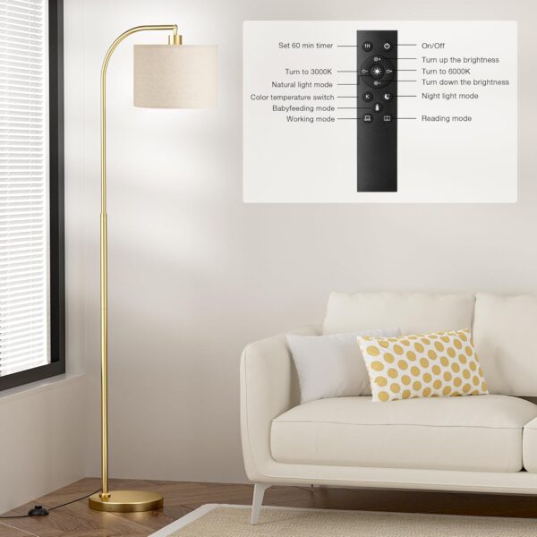 Ambimall Gold Arc Floor Lamp with Remote - Dimmable Bulb, Colors Temperature Adjustable, Easy Assembly, Modern Standing Lamp for Living Room Bedroom Office Reading Room Nursery (Beige Linen Shade)