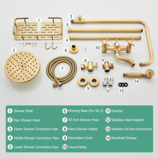 Antique Brass Shower Fixture Bathroom Shower Faucet Set 8 Inch Rainfall Shower Head Handled Shower Waterfall Tub Spout Wall Mounted Outdoor Shower System with Shower Shelf