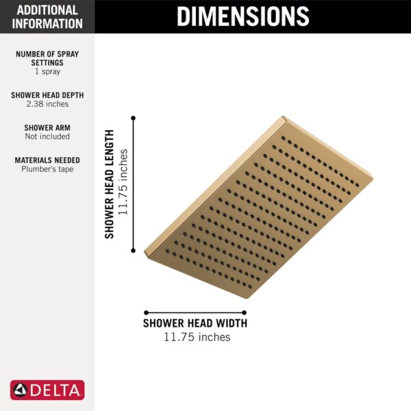 Delta -faucet Single-Spray Raincan Shower Head, Gold Shower Head, Rainfall Shower Head, Square Shower Head, 2.5 GPM Flow Rate, Lumicoat Champagne Bronze 52159-CZ-PR25