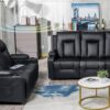 COMHOMA Living Room Furniture Set, Bonded Leather Loveseat Sofa with Cup Holder Recliner Chair, 3+2, Black