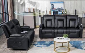 COMHOMA Living Room Furniture Set, Bonded Leather Loveseat Sofa with Cup Holder Recliner Chair, 3+2, Black