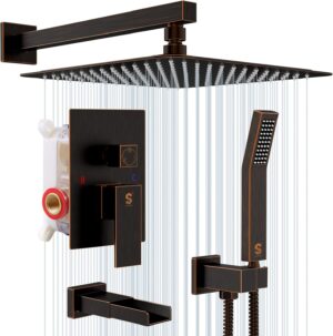 SR SUN RISE 12 Inches All Metal Bathtub Faucet Set Shower System with Tub Spout Square Rain Shower Head and Handheld Combo Shower Fixtues, Modern Valve and Trim Kit, Oil-Rubbed Bronze