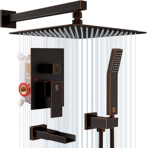SR SUN RISE 12 Inches All Metal Bathtub Faucet Set Shower System with Tub Spout Square Rain Shower Head and Handheld Combo Shower Fixtues, Modern Valve and Trim Kit, Oil-Rubbed Bronze