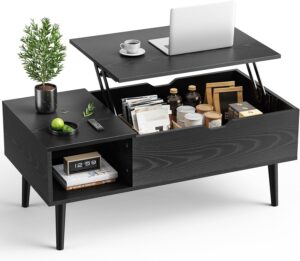 OLIXIS Wood Lift Top Coffee Table with Hidden Compartment and Large Storage Shelf, Lift Tabletop Dining Center Table for Home Living Room Office, Black