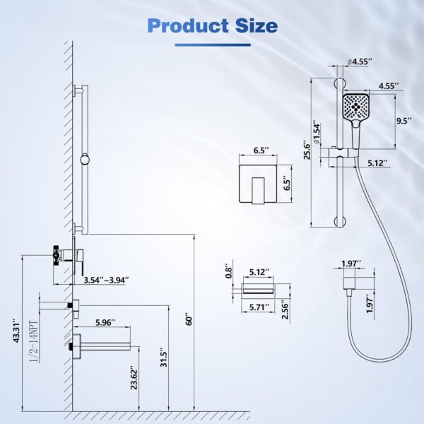 Gabrylly Bathtub Shower Faucet Set, Slide Bar Shower System with Handheld Shower Head Set, Tub Shower Trim Kit with Shower Valve,Matte Black