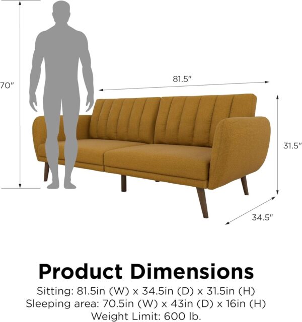 Novogratz Brittany 82 Inch Futon Sofa Bed, Upholstered Couch Sleeper with Tufted Back, Mid-Century Modern, Mustard