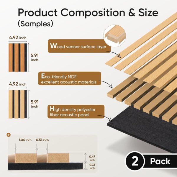 Wood Slat Acoustic Panels, 5.91" X 4.92" Sound Wall Panels for Stylish Decor and Noise Reduction, 3D Textured Panel for Ceiling and Wall, 2 Walnut Sample Pack
