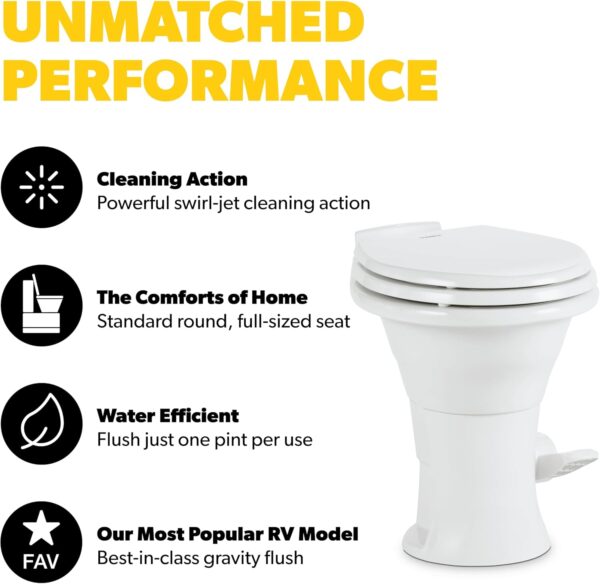 Dometic 310 Standard Toilet - White, Oblong Shape, Lightweight and Efficient with Pressure-Enhanced PowerFlush and Slow Close Seat Cover - Perfect for Modern RVs
