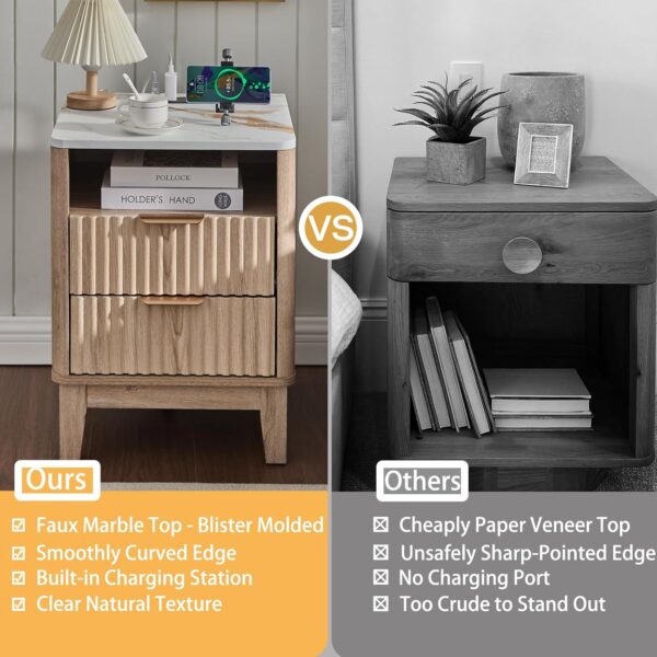 Nightstand with Charging Station, 18" Bedside Table with Faux Marble Top, 2 Drawers Night Stand Fluted Curved Wood End Table for Bedroom, Living Room, Modern Rustic Storage Cabinet, Natural Oak
