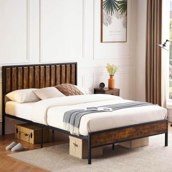 GAOMON Queen Bed Frame with Headboard Footboard Rustic Wood Farmhouse Platform Metal Wrought Rod Slat Bedframe, No Box Spring Needed, Easy Assembly, Farm House Base Beds Foundation-Queen Size