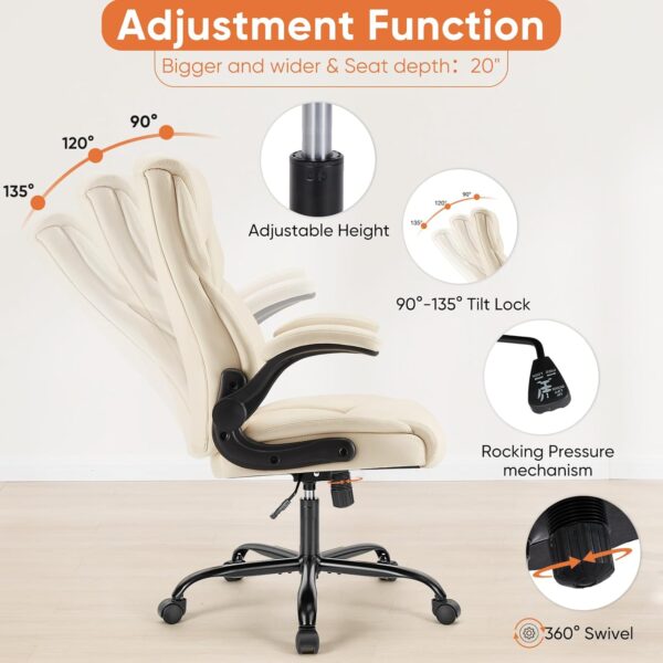Sweetcrispy Computer Gaming Chair, Ergonomic High Back Heavy Duty Task Desk Office Chairs with Wheels, Flip-up Arms, Adjustable Height, PU Leather, Cream