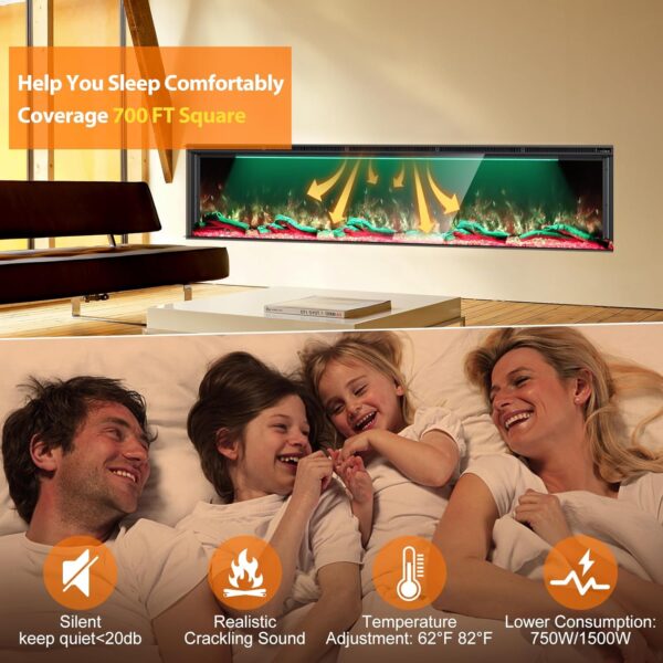 3 Sided Electric Fireplace, 80 inch Fireplace Inserts Fire Place Heater, Realistic 251 RGB Flame with 3 LED Lights, Smart WiFi, Remote Control, Log and Crystals
