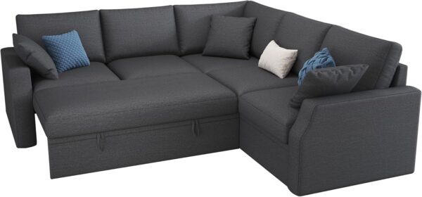 VanAcc Sofa Bed, 85 Inch Sleeper Couch with Storage Seat, L Shaped Sofa with Pull Out Sofa Bed, Sectional Couches for Living Room Apartment, Grey Linen Couch Sofa