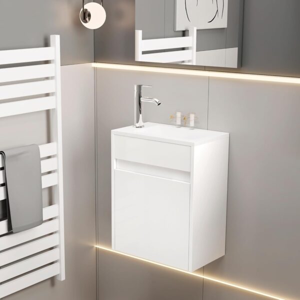eclife 16" Small Bathroom Vanity Sink Combo, Modern Painted Wall Mounted Floating Cabinet W/Resin Basin Sink Top, Chrome Water Save Faucet & Pop Up Drain (White)