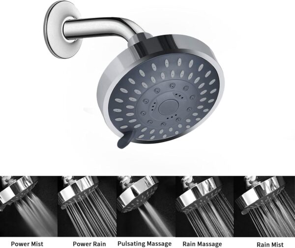Briout Shower Head, High Pressure Shower Heads 4.1 Inch 5 Settings Rain High Flow Fixed Showerhead for Luxury Shower Experience Even at Low Water Pressure, Chrome