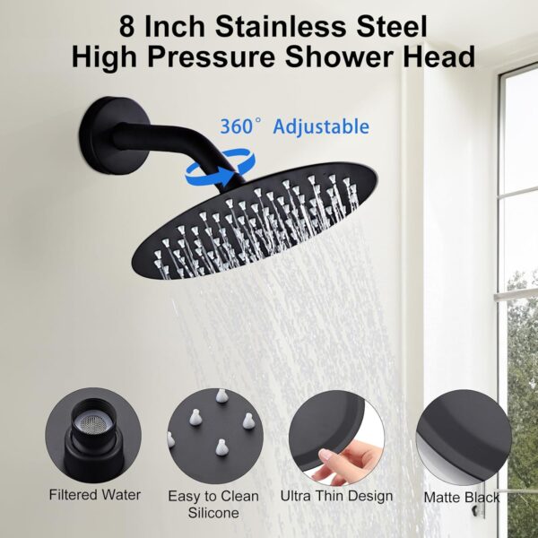 HUCKLE Bathroom Shower Head with Tub Faucet, 8-Inch Black Rainfall Shower Head with Shower Valve, Stainless Steels Shower System, Bathtub Faucet Set with Shower Valve Kit