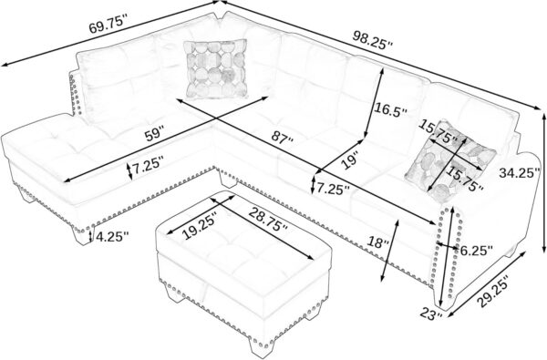 3-Piece Sectional Couch Set L Shape 98" Wide Sofa for Living Room with 2 Cup Holders and Storage Ottoman for Home Furniture Room Decor, Black