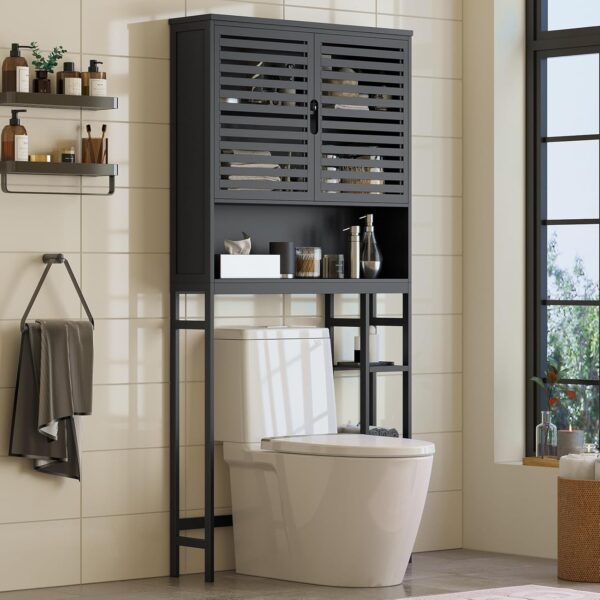 Over The Toilet Storage Cabinet, Bamboo Bathroom Cabinet with Adjustable Inside Shelf and Open Shelves, Freestanding Space-Saving Toilet Rack with Anti-Tip Design for Bathroom, Laundry, Black