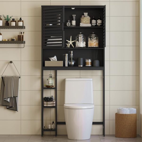 Over The Toilet Storage Cabinet, Bamboo Bathroom Cabinet with Adjustable Inside Shelf and Open Shelves, Freestanding Space-Saving Toilet Rack with Anti-Tip Design for Bathroom, Laundry, Black
