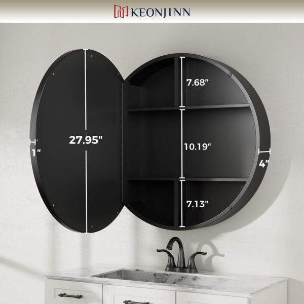 Keonjinn 28 x 28 Inch Round Black Mirror Medicine Cabinet, Modern Black Framed Vanity Bathroom Mirror with Storage