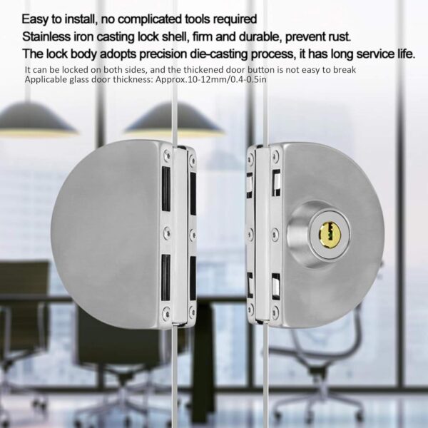 Fits on 1/2" Glass,10 mm -12 mm, Glass Door Lock, Stainless Steel Double Bolts Swing Push Sliding Access Control Office Glass Door Lock with 5 Keys