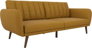 Novogratz Brittany 82 Inch Futon Sofa Bed, Upholstered Couch Sleeper with Tufted Back, Mid-Century Modern, Mustard