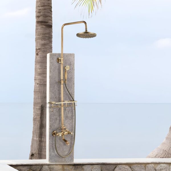 Antique Brass Shower Fixture Bathroom Shower Faucet Set 8 Inch Rainfall Shower Head Handled Shower Waterfall Tub Spout Wall Mounted Outdoor Shower System with Shower Shelf