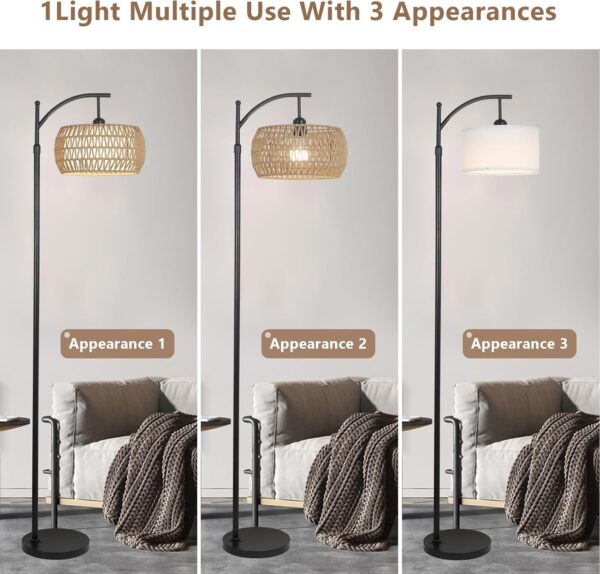 Arc Floor Lamp with Remote Control, Dimmable LED Floor Lamp with 3 Color Temperature, Black Standing Lamp with Rattan & Fabric Double Drum Shade, Boho Farmhouse Tall Pole Lamp for Living Room Bedroom