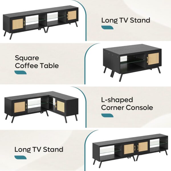 Bestier 80 Inch Black Rattan TV Stand with Storage for 85 Inch TV, 4-in-1 Mid Century Modern Entertainment Center with LED Lights, Doors and Adjustable Glass Shelves for Living Room