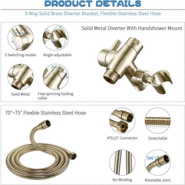 All Metal Shower Faucet Set, Dual Square Shower Head System with Handheld Wand & Rainfall Showerhead, Diverter, Hose Complete Combo, Pressure Balance Rough-in Valve Included