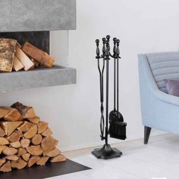 5 Pieces Fireplace Tools Sets Indoor Outdoor Wrought Iron Large Fire Place Set Tools, Fire Pit Tools with Poker Shovel Tongs Brush and Stand, Black