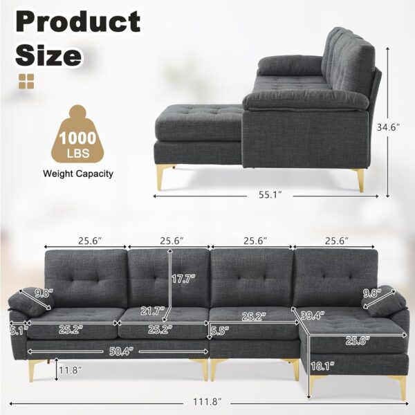 Karl home Sectional Couch Sofa for Living Room, L-Shape Furniture Comfortable Non Wrinkle Design Suitable for Modern Home Decor Relaxation and Versatile Coaches, Dark Gray