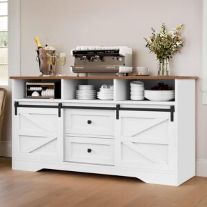 YITAHOME Large Buffet Sideboard Cabinet, 59" Farmhouse Buffet Cabinet with Drawers & Sliding Doors, Storage Cabinet for Kitchen, Living Room (White)
