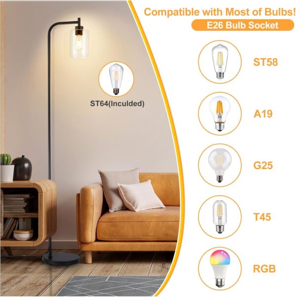 DLLT Floor Lamp Tall for Room: Black Standing Lamp with Clear Glass Lampshade for Living Room - Modern Bright Lamp for Bedroom - Industrial Corner Floor Lamps for Office 8W Led Bulb Included