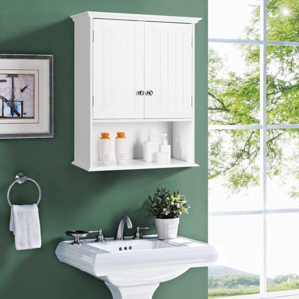 Tangkula Bathroom Wall Cabinet, Wooden Hanging Storage Cabinet with Doors & Shelves, Multipurpose Storage Cabinet for Bathroom Kitchen Living Room, Wall Mounted Bathroom Medicine Cabinet