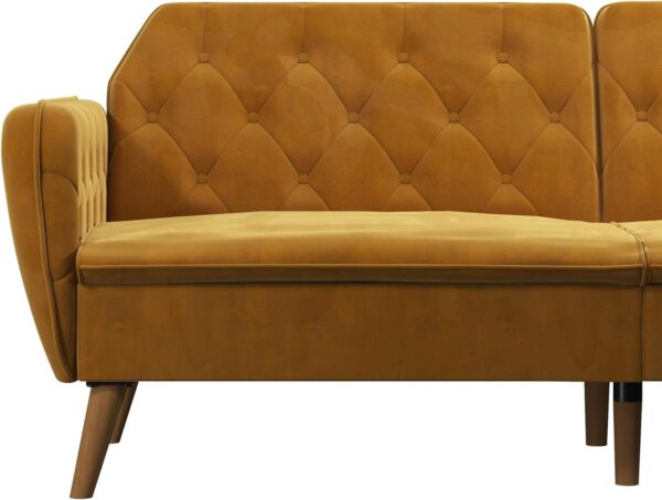 Novogratz Tallulah 83 Inch Futon Sofa Bed in Velvet Fabric, Upholstered Couch Sleeper with Memory Foam and Tufted Back, Mid-Century Modern, Mustard