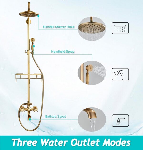 Antique Brass Shower Fixture Bathroom Shower Faucet Set 8 Inch Rainfall Shower Head Handled Shower Waterfall Tub Spout Wall Mounted Outdoor Shower System with Shower Shelf
