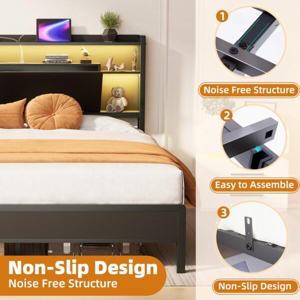 Bed Frame Queen Size with LED Lights and Charging Station, Heavy Duty Metal Platform Bed with Super Large Storage Space Headboard, No Box Spring Needed, Noise-Free, Easy Assembly, Black