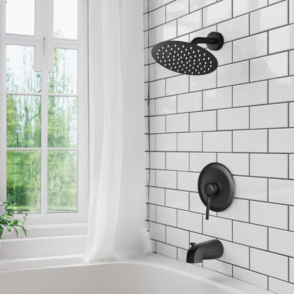 HUCKLE Bathroom Shower Head with Tub Faucet, 8-Inch Black Rainfall Shower Head with Shower Valve, Stainless Steels Shower System, Bathtub Faucet Set with Shower Valve Kit