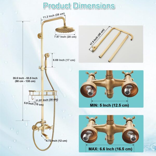 Antique Brass Shower Fixture Bathroom Shower Faucet Set 8 Inch Rainfall Shower Head Handled Shower Waterfall Tub Spout Wall Mounted Outdoor Shower System with Shower Shelf