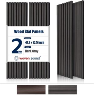 Woven Sound Wood Panels for Wall, Functionality and Durability, Enhanced Acoustic & Sound Proof Fluted Design, Versatile Wood Slat Wall Decor for Home & Office, 2 Pack Deep Gray, 47.2x12.5 Inch