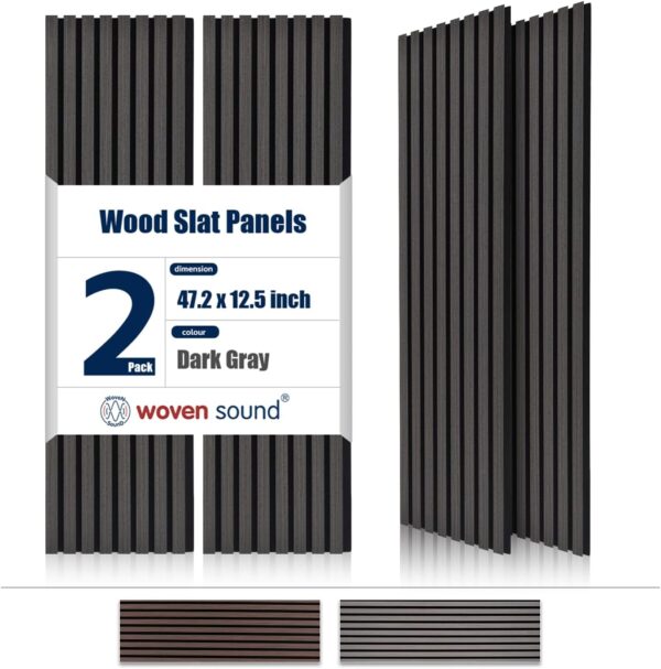 Woven Sound Wood Panels for Wall, Functionality and Durability, Enhanced Acoustic & Sound Proof Fluted Design, Versatile Wood Slat Wall Decor for Home & Office, 2 Pack Deep Gray, 47.2x12.5 Inch