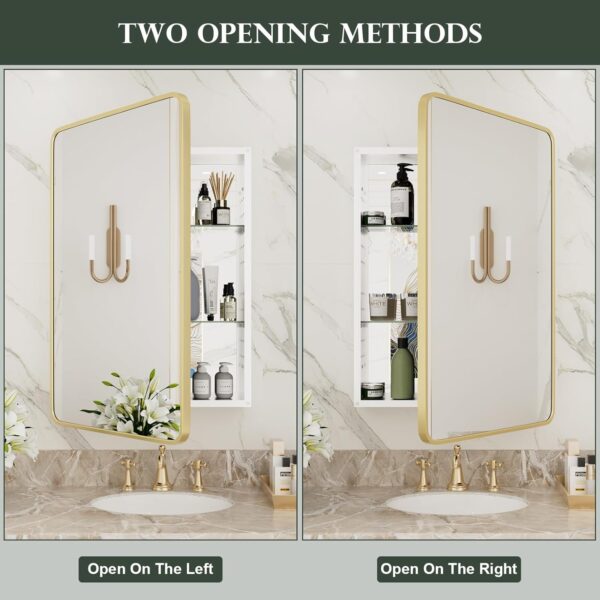 WallBeyond WallByond Bathroom Medicine Cabinet with Mirror, 24x36 Inch Gold Recessed Medicine Cabinet with Round Corner Aluminum Alloy Metal Framed, Single Door Modern MedicineMabinet with Storage