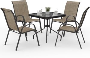 Amopatio Outdoor Dining Set of 5, Patio Table and Chairs Set, Textured Glass Tabletop, 4 Stackable Patio Chairs, Patio Furniture, Balcony, Porch, Lawn- Brown