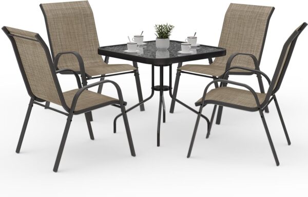 Amopatio Outdoor Dining Set of 5, Patio Table and Chairs Set, Textured Glass Tabletop, 4 Stackable Patio Chairs, Patio Furniture, Balcony, Porch, Lawn- Brown