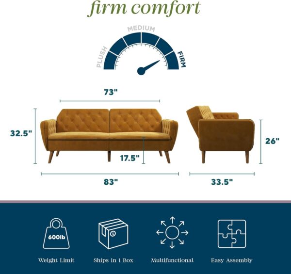 Novogratz Tallulah 83 Inch Futon Sofa Bed in Velvet Fabric, Upholstered Couch Sleeper with Memory Foam and Tufted Back, Mid-Century Modern, Mustard