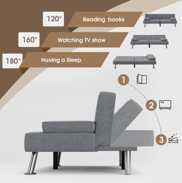 Flamaker Futon Sofa Bed Modern Folding Futon Set Linen Fabric Convertible Recliner Lounge for Living Room with 2 Cup Holders, Removable Armrests (Fabric, Grey)