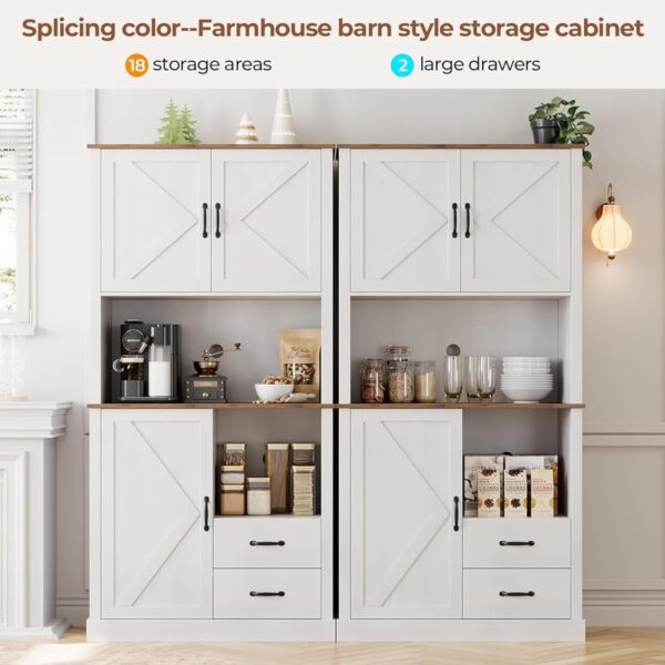 Modern Kitchen Pantry Cabinet with Microwave Stand, Tall Hutch Bar Cabinet with Drawers & Adjustable Shelves, Large Wood Storage Cabinet for Dining Room, Living Room, White