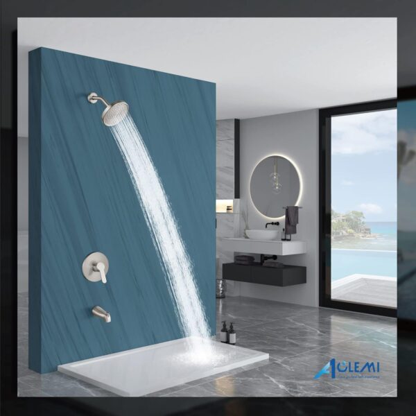 Aolemi Tub Shower Faucet Set With Valve Wall Mount Shower Trim Kit 6 Inch Bathtub Fixtures Rough-in Valve Single-Spray Shower Head System 5.3 Inch Tub Spout Brushed Nickel Modern